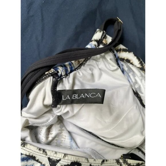 Classic La Blanca Women’s Black Blue Tan Ruched Spaghetti Strap Swimsuit Top - Picture 3 of 6